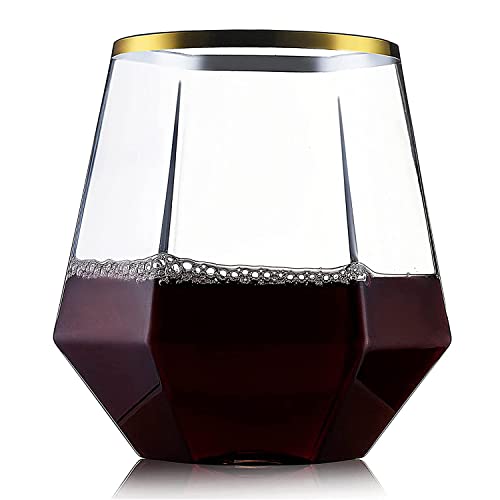 32 Pack Diamond Stemless Plastic Wine Glasses, 12 Oz Unique Diamond Shape, Clear Gold Rim Glasses For Wine, Whiskey, Cocktails, Juice, Trendy & Modern Stemware, Food-Grade Disposable Drinkware #TOP29
