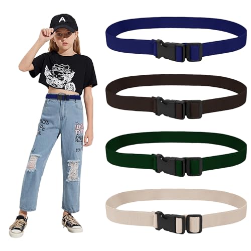 4 Pack Kids Elastic Adjustable Belts, Stretch Belts with Black Buckle for Pants Jeans, Skinny Waist Belt for Boys Girls