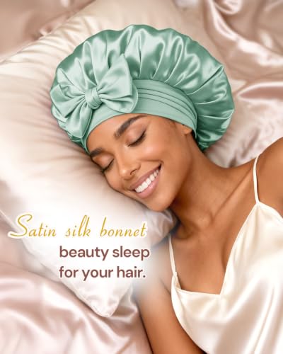 Image of BONNET QUEEN Double Layer Silk Bonnet for Sleeping for Women Satin Bonnet Night Cap for Curly Hair with Tie Band, Sage Green