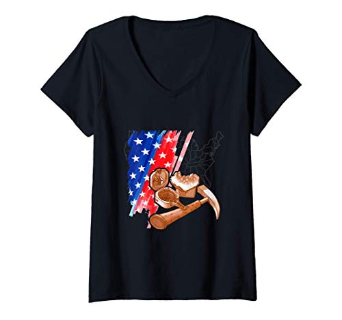 Womens Geologist Gifts - Geology Hammer Rock Flag America Geologist V-Neck T-Shirt