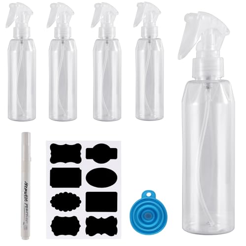 HJJMN 200 ml Transparente Spray Pulverizador Agua de Gatillo，5 Pcs Botella de Spray de Plástico，con Embudo de Silicona Plegable, Marker Pen, Pegatinas，Spray Bottle para Plantas, Limpieza, Jardinería