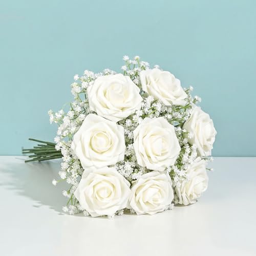 68Pcs Babys Breath Artificial Flowers Mixed with White Roses with
