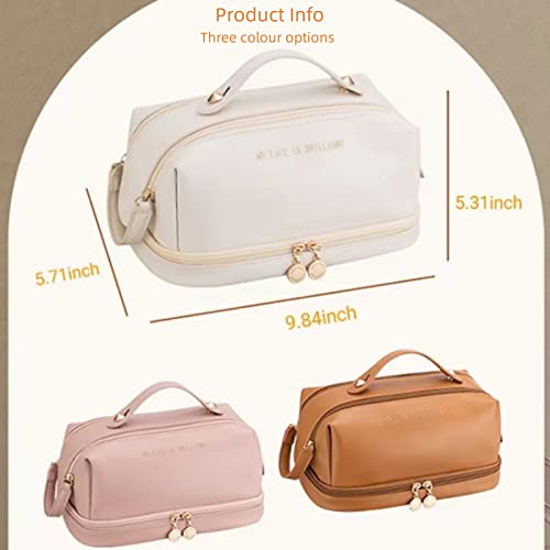 Umumpingg 2023 Makeup Cosmetics Bag,Faux Leather Large Capacity Double Layer Travel Make Up Bag, Multifunctional Toiletries Bags, Mask, Lipstick, Makeup Brush Storage Bag For Women Girl Gift White #TOP4