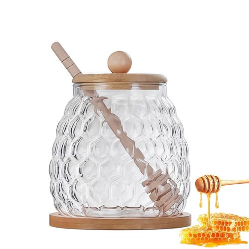 MEETOZ Barattolo per miele da 350 ml con cucchiaio e coperchio in legno, barattolo di vetro con dispenser, contenitori per miele per la cucina di casa, per conservare il miele, con vassoio