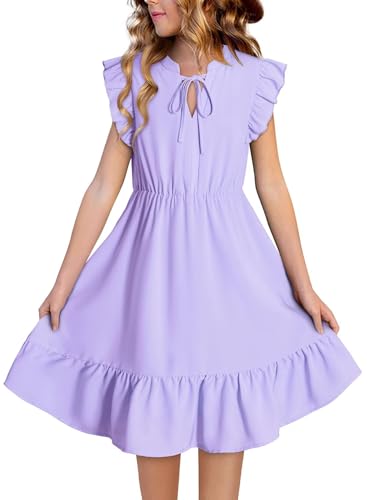 Girls Dresses Ruffle Trim Sleeveless V Neck Casual A-Line Flowy Dress with Pockets