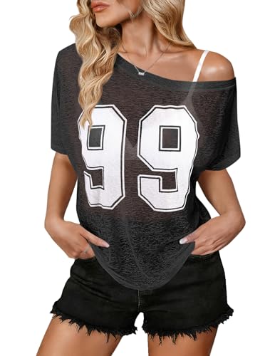 Image of Hilinker Women's Sheer Off The Shoulder Tops See Through Sexy Short Sleeve Mesh Shirt Summer
