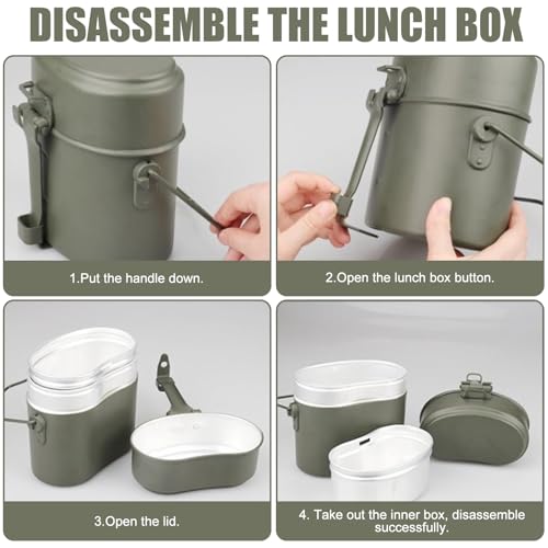 Bundeswehr Essgeschirr, Hitzebeständig Camping Kochgeschirr Outdoor mit Faltbarer Messer, Gabel und Löffel, Camping Geschirr aus Aluminium mit Klappgriffen für 1-2 Personen Geeignet