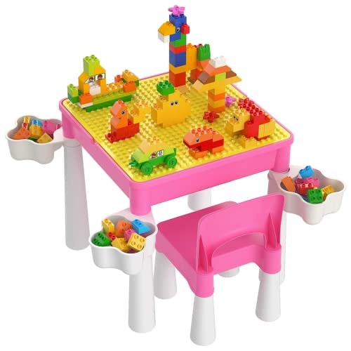 burgkidz Kindertisch mit Stühle, Kinder Tisch Stuhl Set für Prinzessin Mädchen mit 128 Stück Große Kreative Bausteinen, Lernspielzeug für die Frühkindliche Entwicklung, Rosa