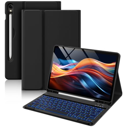 Vobafe Tastatur Hülle für Samsung Galaxy Tab S10 Lite/S10 FE/S9 FE 10.9 Zoll/Tab S9 11 Zoll 7-Farben Beleuchtung Keyboard Cover mit Stifthalter & Schnellladung QWERTZ-Layout Schwarz