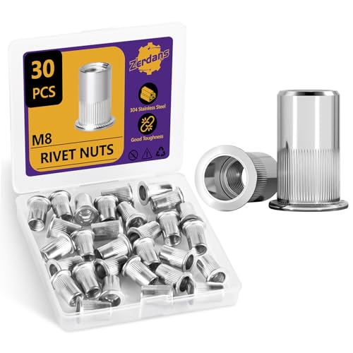M8 Rivet Nut, 30PCS Metric 304 Stainless Steel Rivets Flat Head Rivnut Threaded Insert Nuts Assortment for Furniture, Automotive and Industrial Applications (M8-1.25mm)