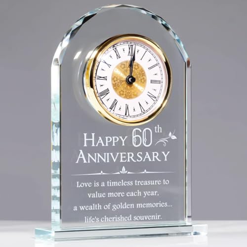 XUZIE 60th Wedding Anniversary Quartz Crystal Desk Clock Gifts for Parents 60 Years Diamond for Couple Happy 60th Diamond Wedding Anniversary Decoration Gift Home Ornaments for Her Him