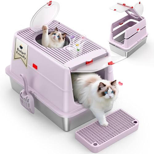 Stainless Steel Cat Litter Tray,SUS304 Metal,Removable Flip Cover & Enclosed High-Sided Designs, XXL Cat Toilet | Odor Control | Anti-Leakage | Durable | Non-Stick Surface | with Scoop,Pedal,Lid