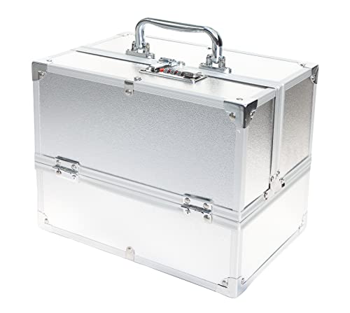 Image of Adson Professional Beauty Make Up Cosmetic Vanity Box /Case 4 Trays with Mirror (Metallic Silver)
