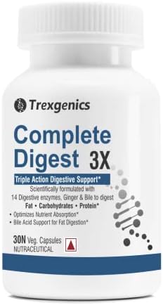 Trexgenics COMPLETE DIGEST 3X, Triple Action Digestive Support for Fat, Carbohydrates & Protein, Lactose and Fibers with 14 Enzymes, Ginger and Bile Cholic acid (30 capsules) (Pack of 1), 60 grams