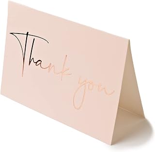 50 Deluxe Rose Gold Foil Letterpress Thank You Cards on Pink Blush with Color Interior Envelope and Rose Gold Sealing Sticker