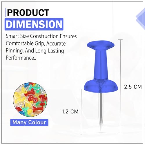 Image of 100 Pieces Steel Push Pins with Colourful Top, Durable, Strong & Sharp Thumb Tacks Pins for Notice Boards, Office & Home