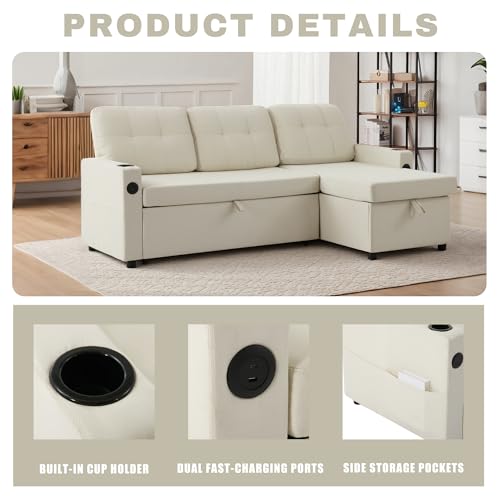 Image of 82 inch Pull Out Sofa Bed,L-Shape Modern Sleeper Sofa, Upholstered Sectional Couch with USB Port and Side Pockets for Living Room and Guest Room (Beige)