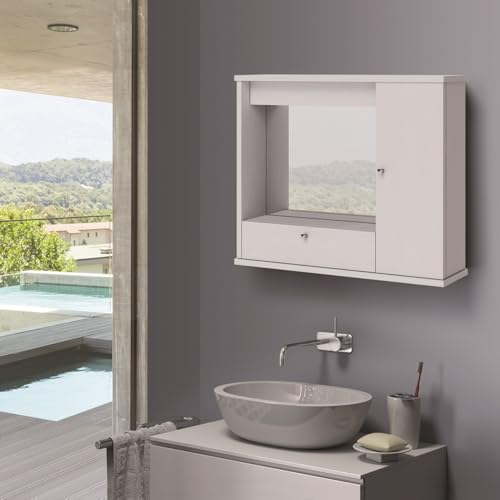Linea Azzurra Mobile Bagno Pensile Sospeso Bagno 90 cm Legno con Specchio, Cassetto e 1 Anta a Ribalta Armadietto Bagno 61x73x14 cm Moderno Elegante Made in Italy