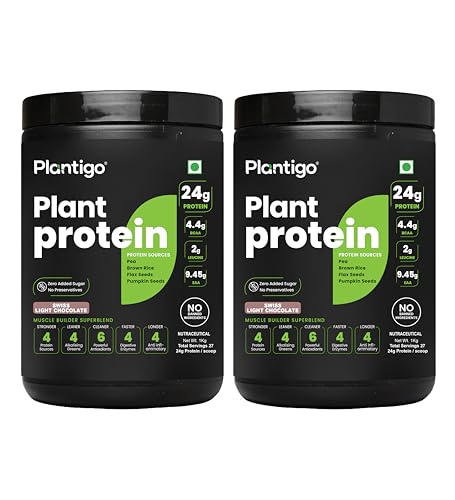 Image of Plantigo Clean Plant Protein Powder | No Preservatives, No Banned Substances | Super Protein Blend - Pea, Brown Rice, Flax | Vegan Green Protein For Men, Women (Swiss Chocolate - 1 kg x Pack of 2)