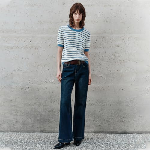 Image of URBAN REVIVO Women's Short Sleeve Sweaters Crewneck Knit Tops Casual Striped 2025 Trendy Soft Summer Blouses