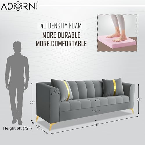 Image of Adorn India Premium Mystic - 3 Years Warranty - 3 Seater Sofa Velvet Suede Fabric - Grey