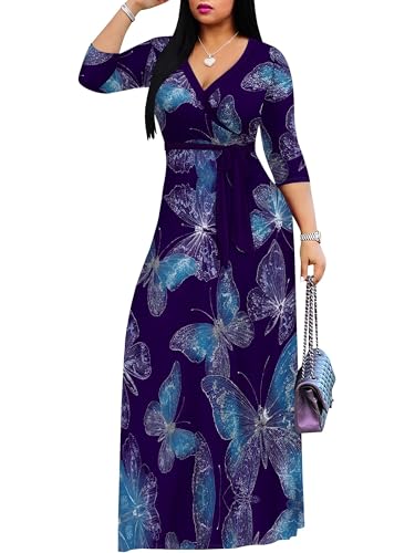 Image of Plus Size Dresses for Women Print Maxi Dresses 3 /4 Sleeve with Belt