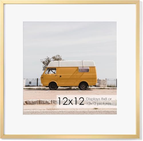 12x12 Metal Picture Frame with 8x8 Mat, Brushed Aluminum Finish, Attached Hanging Hardware, and Tempered Glass Front - Versatile Vertical or Horizontal Wall Display Frames Set of 1 - Gold