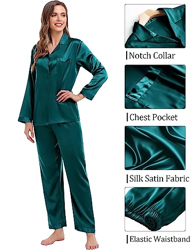 SWOMOG Couples Pajama Sets Women & Men Silky Satin Long Sleeve Sleepwear Classic Button Down Soft Loungewear Pjs Set Men Pure Green Large4
