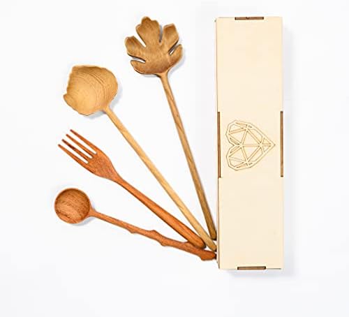 4 Wooden Spoons and Forks Set - Hostess Gifts - Handmade Mothers Day Gift - Great Mother Gifts - Unique Kitchen Gifts for Women, Wood Salad Tongs, Wooden Serving Utensils, Cute Kitchen Accessories