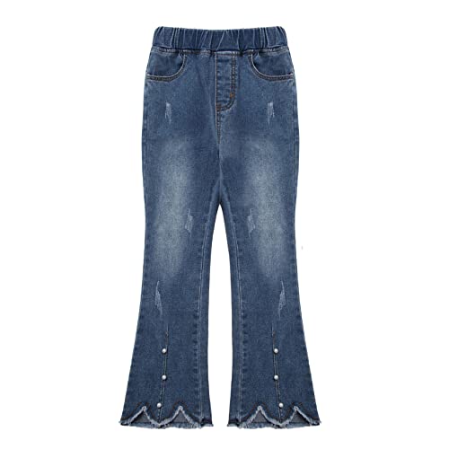 JanJean Kids Girls Elastic Waist Irregular Hem Bell-Bottom Denim Pants Casual Distressed Flare Jeans Casual Wear