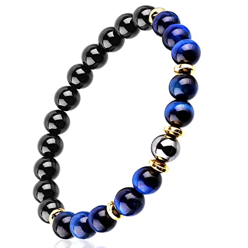 Triple Protection Good Luck Bracelet, Men Women Blue Tiger Eye Black Obsidian Hematite Wealth Prosperity Happiness Bracelet, Courage Calming Stress Anxiety Healing Crystal Stone Beaded Bracelet