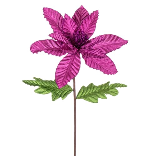 22 in. Velvet Glitter Poinsettia Spray Fuchsia - 6 per Bag