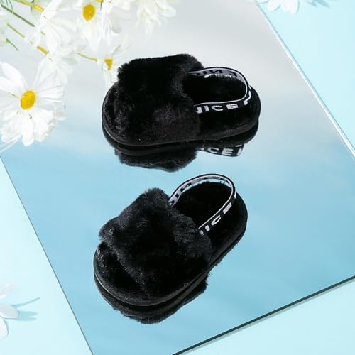 QIETION Girl's Soft Plush Lightweight House Slippers Non Slip Cross Band Slip on Open Toe Cozy Indoor Outdoor Slippers X102 Black 12CM4