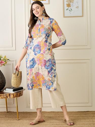 Image of Amazon Brand - Tavasya Women Pure Cotton Floral Print Straight Designer Kurta | Regular Wear | Mandarin-Neck | 3 /4th Sleeves