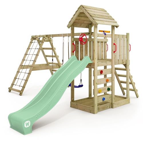 WICKEY Spielturm Klettergerüst RocketFlyer mit Schaukel & Pastellgrüner Rutsche, Outdoor Kinder Kletterturm mit Sandkasten, Leiter & Spiel-Zubehör für den Garten
