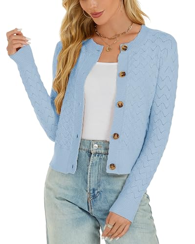 Image of Women's Long Sleeve Cropped Knitted Sweater Cardigan Button Down Open Front Knitted Shrug Sweaters