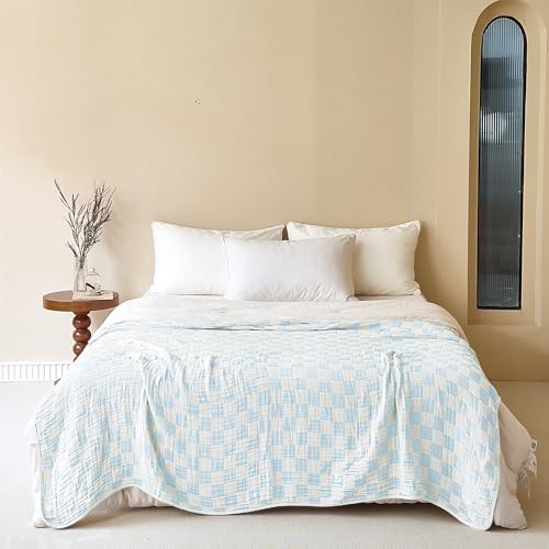 Image of SANACYNA Muslin Throw Blanket 100% Cotton 6-Layer Gauze Light Blue Bed Blanket Lightweight Soft and Breathable Blanket for Sofa Couch Bed Coverlet Both Sides (Sky Blue, Throw 50 inchx60 inch)