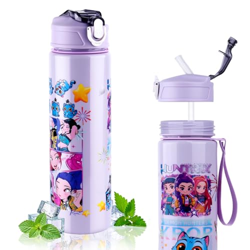 Vilntrosia 750ML/25OZ Water Bottle with Straw K-popS Double-Sided Cartoon Pattern Girls Boys Water Bottle Leakproof Kids Water Bottles With Handle Drinks Bottle for School Camping Travel Party