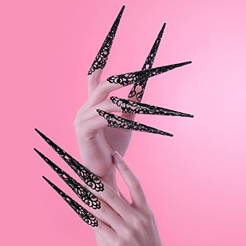 ANCIRS 20 Pack Finger Nail Tip Claw Rings, Ancient Queen Costume Fingertip Claw Nail Rings Decoration Accessory, Finger Knuckle Protectors for Halloween Cosplay Drama Dance Show- Black