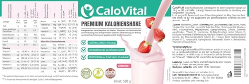 Trinknahrung hochkalorisch für Gewichtszunahme | Kohlenhydrate & Eiweiß als Kalorien Shake | Hochdosiert mit vielen Vitaminen | CaloVital - Premium Qualität aus Deutschland (Erdbeere 500g), Pulver