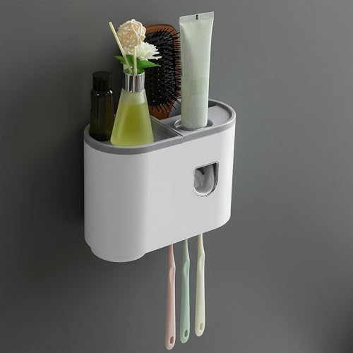 Image of Amazon Basics Wall-Mounted Toothbrush Holder with Automatic Toothpaste Dispenser | 1 Magnetic Cup | White | 20.5L x 10W x 14.5H cm