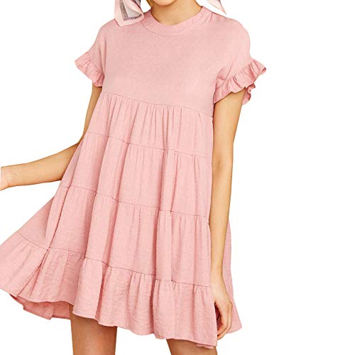 Joteisy Women’s O Neck Ruffle Short Sleeve Tiered Casual Mini Dresses (S, Pink)