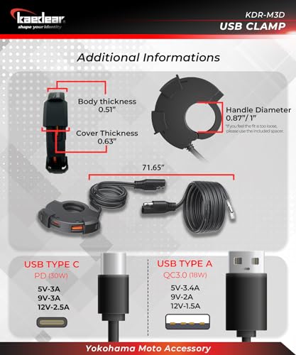 Image of KAEDEAR USB-A & USB-C Motorcycle Charger, PD 30W, Water Resistant, KDR-M3D | USB-A and USB-C ports, PD 30W, QC3.0 18W, water resistant, SAE DC 12V, clamp mounting, fast motorcycle charging