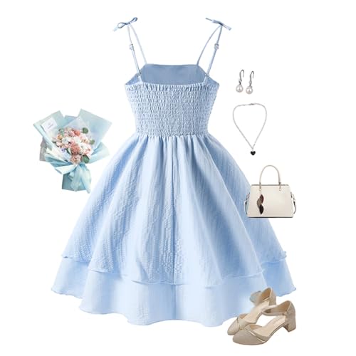 Ohrwurm Girls Smocked Ruched A Line Swing Dress Spaghetti Strap Layered Tie Shoulder Casual Beach Midi Sundress2