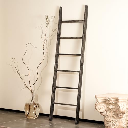 Blanket Ladder for The Living Room 6-Tier Wooden Decorative Quilt Holder for Bed Room Wall-Leaning Wood Towel Rack for BathroomRustic Farmhouse Ladders for Display.(Black Wash)