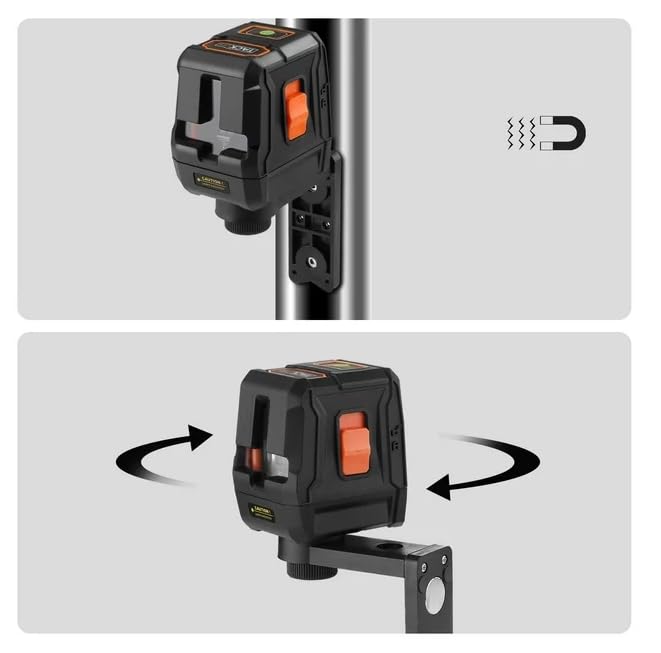 The SC-L07 Laser Level attached to a magnetic bracket, showing its ability to mount on metal surfaces and rotate 360 degrees