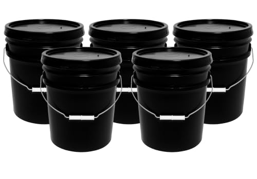Image of MKS Plastics 5-Gallon Bucket with Airtight Lid - Made in USA, Food Grade BPA Free Plastic, Heavy Duty Multi-Use, Metal Handle with Grip, Stackable Storage - Black, 5 Pack