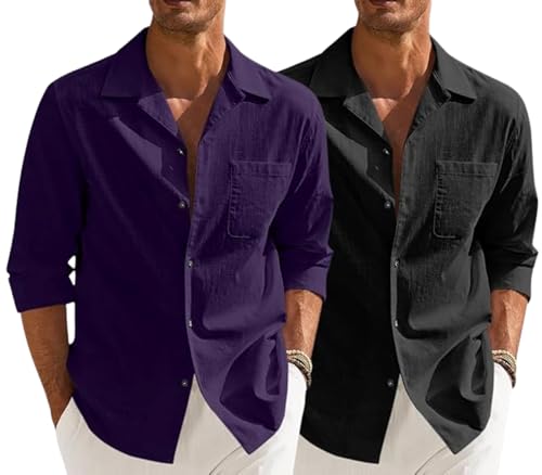 Image of Combo of Men's Casual Cotton Blend Shirt || Long Sleeve Button Down with Spread Collar | Lightweight Breathable Fabric | Stylish Solid Shirt for Beach, Office & Everyday Wear Pack of 2
