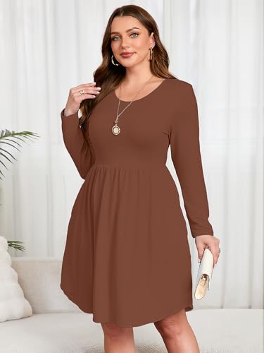 Image of AusLook Women's Plus Size Long Sleeve Midi Dress Casual Empire Waist Loose Flowy Dresses A-Line Boho Long Dress with Pockets