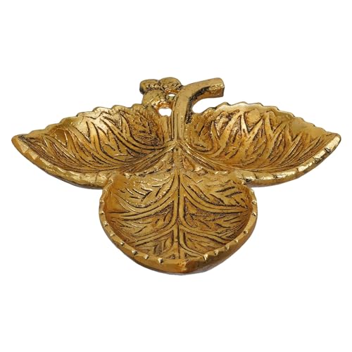 Image of KridayKraft Hand Crafted Metal 3 Part Leaf Shape Tray Perfect for Home Centre Table Serving Dry Fruits (Golden, Pack of 1)